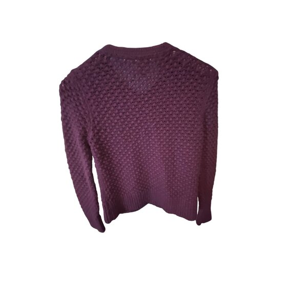 LL Bean Plum Purple Pom Pom Crochet Button Up Cardigan Wool Blend Sweater Sz Med - Picture 3 of 5